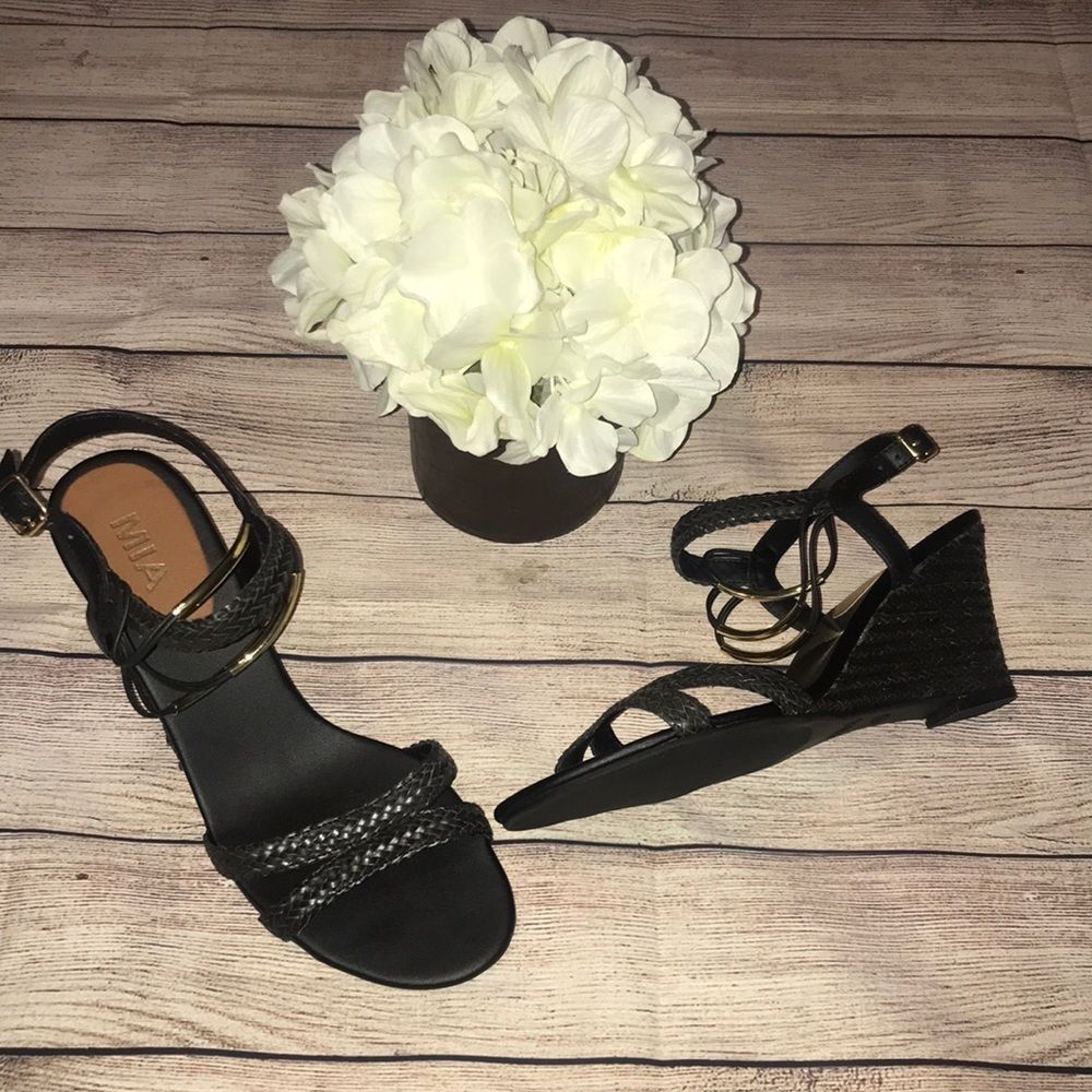 Mia Black Braided, Strappy Wedges with Gold Accent